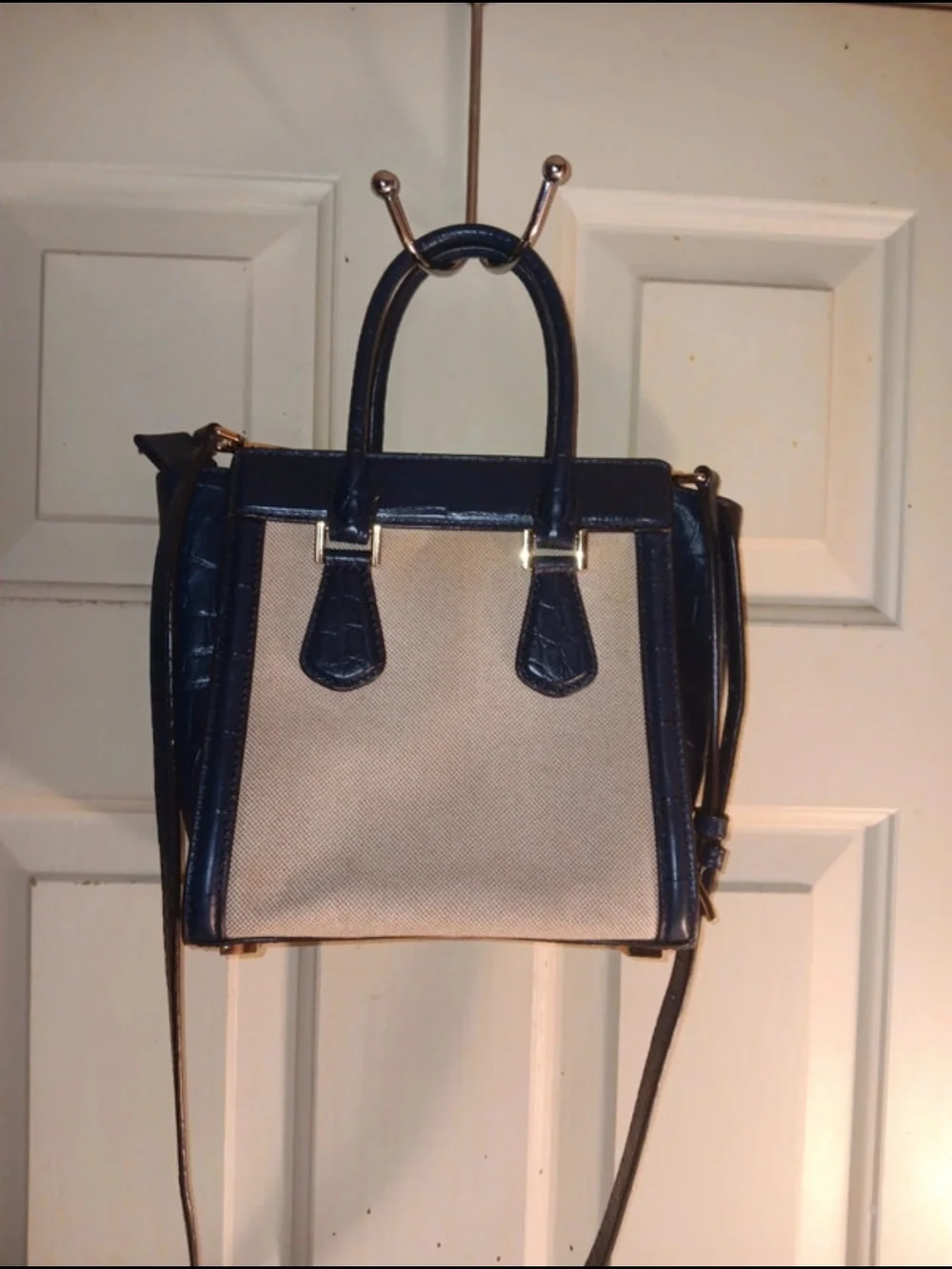 Michael Kors Beige Canvas and Dark Blue Croc Embossed Leather Crossbody Satchel